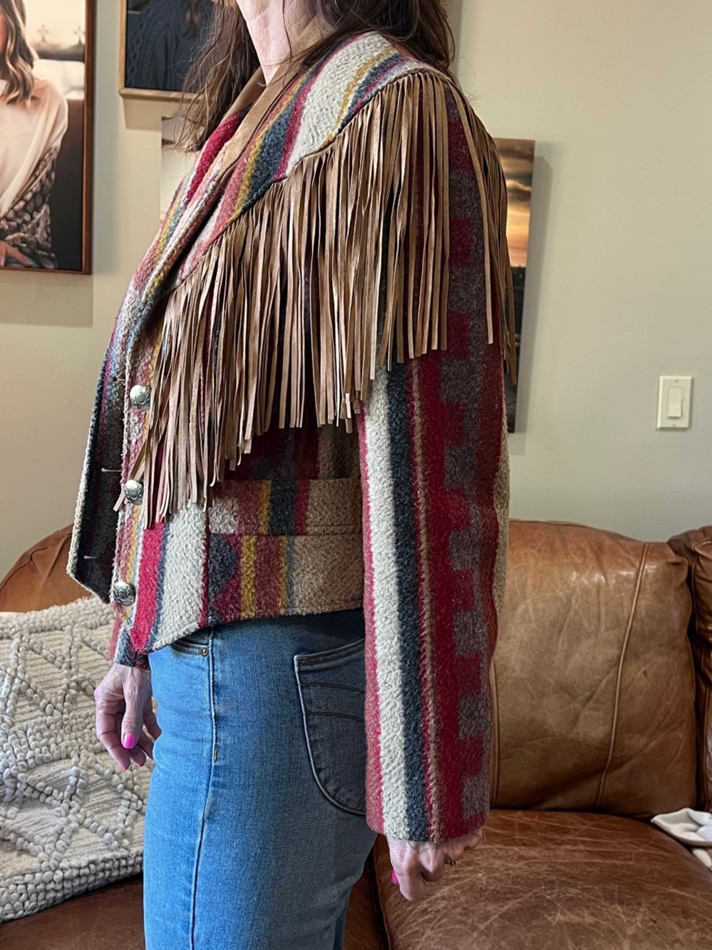 PIONEER WEAR Brown & Red Striped Fringe Western Vintage Jacket - Picture 9 of 12